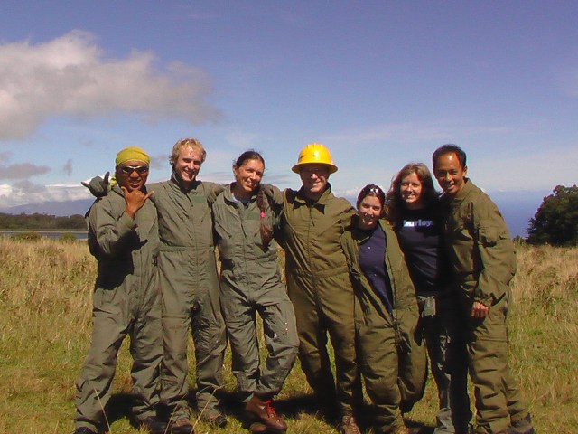 Tony, Nathan, Kirsty, John,me, Susan, Shan waiting for our heliop in supercool flight suits